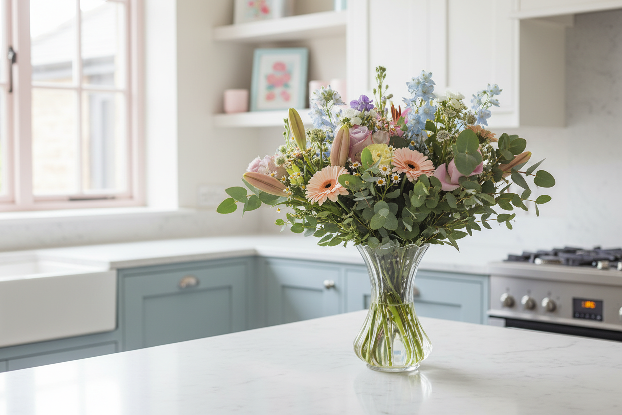 Birthday Flowers in Vase - Kitchen Setting