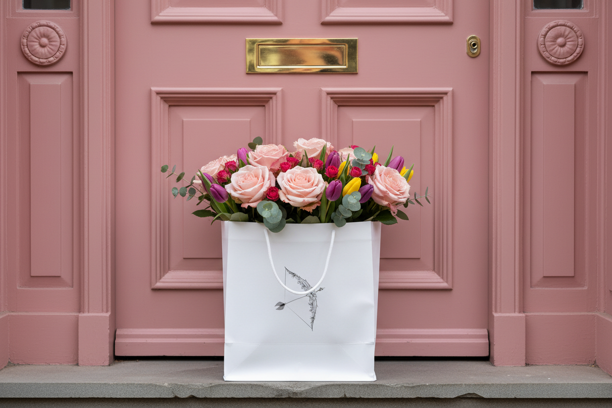 White Branded Bag at Pink Front Door